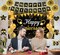 Happy Anniversary Decoration - Black & Gold Banner Set with 18 Balloons, Swirls & Pom Poms (Black, Gold)